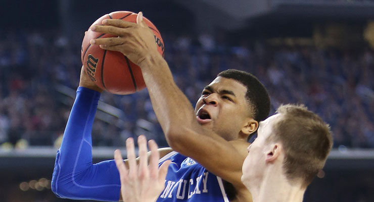Kentucky Wildcats guard Andrew Harrison (5) goes to shoot during the NCAA Final Four vs. Wisconsin at the AT&T in Arlington, Tx., on Saturday, April 5, 2014. Photo by Emily Wuetcher