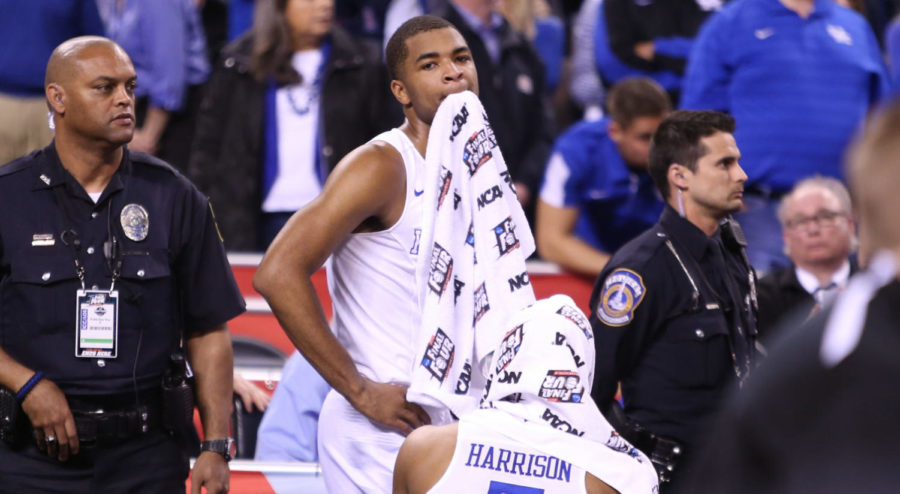 of the Kentucky Wildcats during the game against the Wisconsin Badgers in the Final Four of the 2015 NCAA Men's Basketball Tournament at Lucas Oil Stadium on Saturday, April 4, 2015 in Indianapolis, In. Photo by Jonathan Krueger