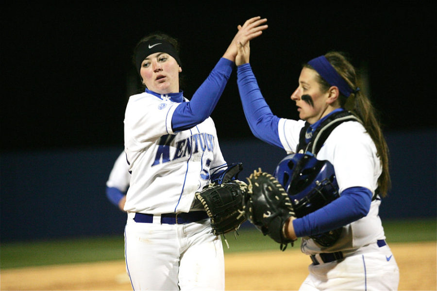 Freshman+pitcher+Kelsey+Nunley+and+sophomore+catcher+Griffin+Joiner+celebrate+the+win+at+the+UK+vs.+WKU+game+at+the+softball+complex+in+Lexington%2C+Ky.%2C+on+Tuesday%2C+March+19%2C+2013.+Photo+by+Michael+Reaves