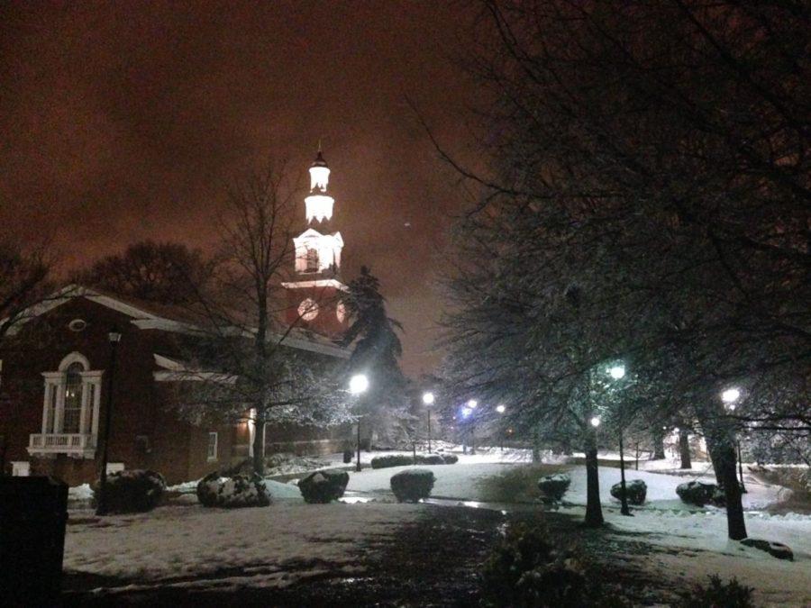 Memorial+Hall+lights+up+in+the+rainy+weather+on+Tuesday%2C+March+4%2C+2014.+Photo+by+Rachel+Aretakis