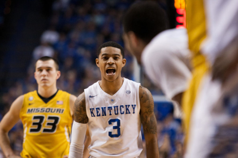 Tyler+Ulis+gives+commands+to+his+teammates+just+before+a+Mizzou+free+throw+at+the+University+of+Kentucky+vs.+University+of+Missouri+basketball+game+on+Jan.+27+in+Louisville.+Photo+by+Cameron+Sadler+%7C+Staff%C2%A0