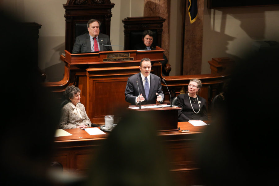 Kentucky Gov. Matt Bevin addressed the Commonwealth with his budget for the next two years on Tuesday, Jan. 26, at the Capitol building in Frankfort. The budget included a $110 million cut from UK's state general funding over the next two years.