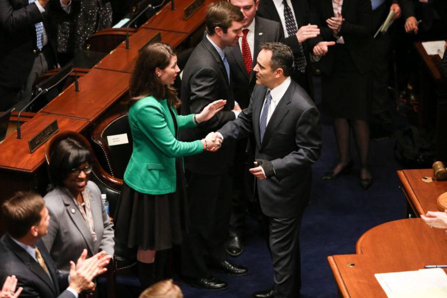 Kentucky governor Matt Bevin shakes hands with Secretary of State Alison Lundergan Grimes after he finishes addressing the Commonwealth with his budget for the next two years.