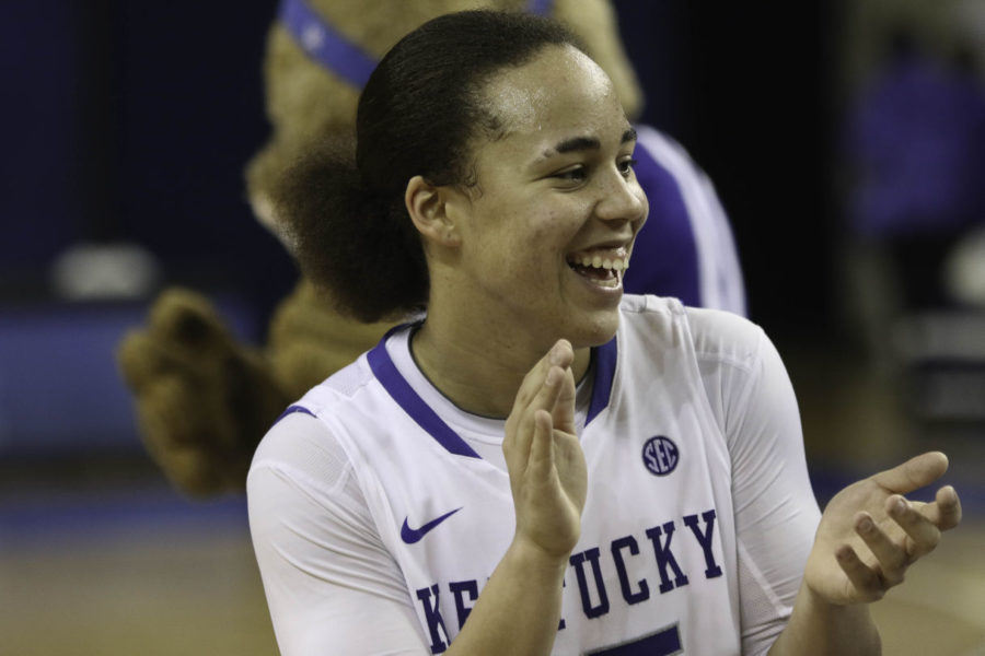 Junior guard Makayla Epps (25) goofs off after the game against the Auburn Tigers on Sunday, January 17, 2016 in Lexington,. Kentucky won the game 54-47. Photo by Hunter Mitchell | Staff