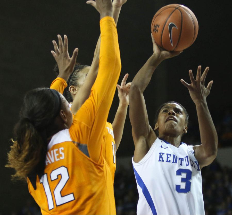 Senior guard Janee Thompson (3) shoots the ball during the game against the Tennessee Volunteers on Monday, January 25, 2016 in Lexington, Ky. Kentucky won the game 64-63. Photo by Hunter Mitchell | Staff