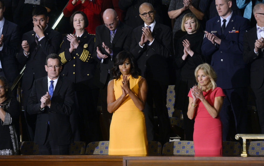First Lady Michelle Obama and Dr. Jill Biden attend U.S. President Barack Obamas final State of the Union address at the Capitol in Washington, D.C., on Tuesday, Jan. 12, 2016. (Olivier Douliery/Abaca Press/TNS)