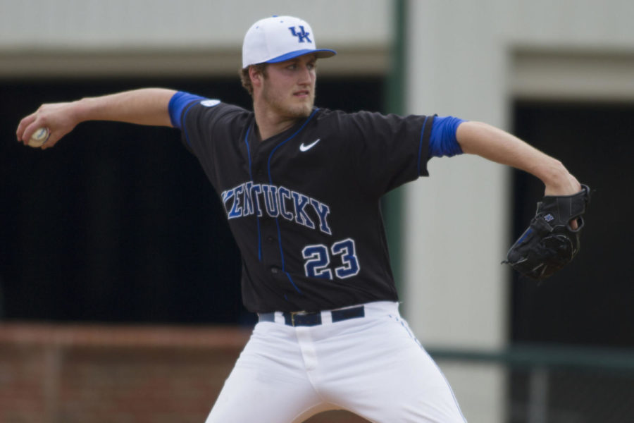 Sophomore pitcher Kyle Cody pitches during the game between the University of Kentucky baseball team vs. Eastern Michigan University in Lexington , Ky.,on Saturday, March 1, 2014. Photo by Michael Reaves | Staff 