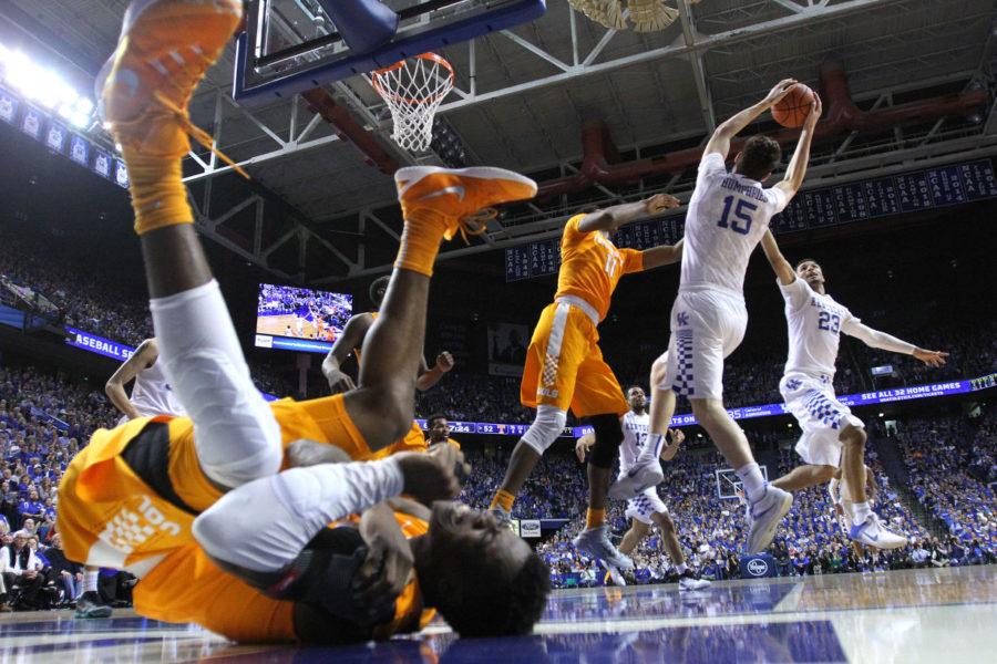 Forward Isaac Humphries of the UK Wildcats jumps for a rebound during the game against the Tennessee Volunteers at Rupp Arena. Photo by Michael Reaves | Staff.