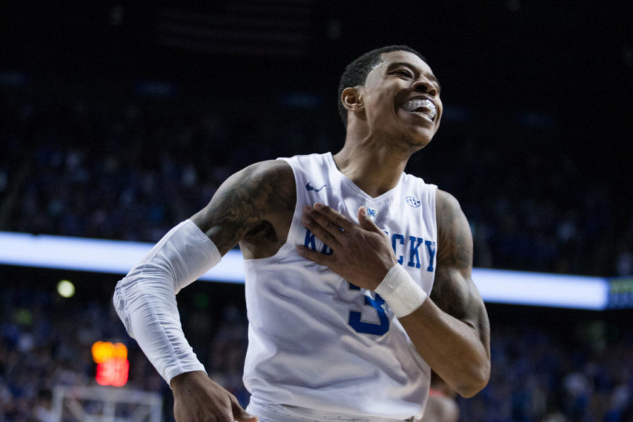 UK guard Tyler Ulis pounds his chest after converting a tough shot at the University of Kentucky vs. University of Georgia basketball game on Tuesday, February 9, 2016 in Louisville, KY. Photo by Cameron Sadler | Staff 