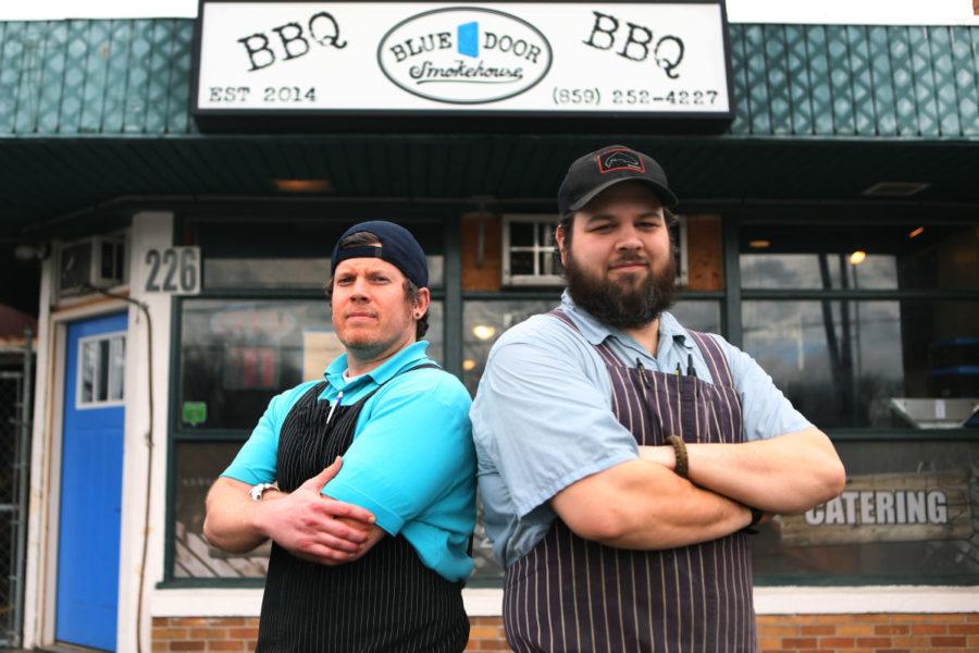 Owners John Rigsby and Jeff Newman pose for a portrait at Blue Door Smokehouse in Lexington, Ky. on Wednesday, February 24, 2016. Photo by Michael Reaves | Staff.