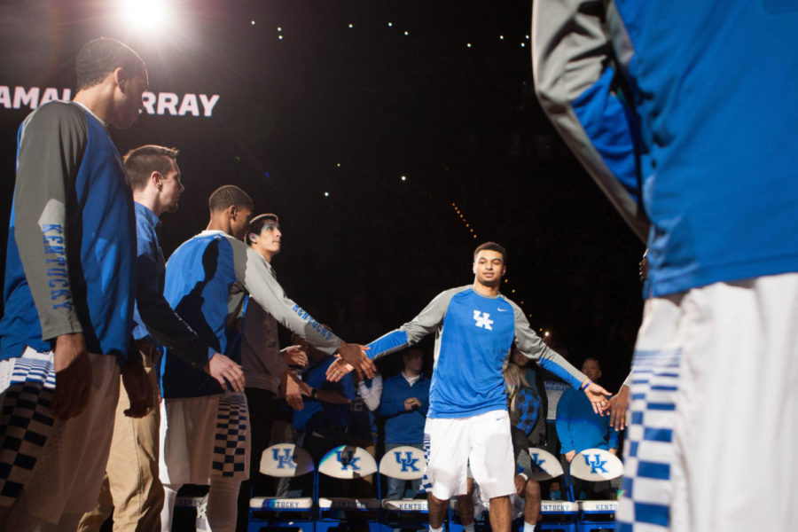 Freshman guard Jamal Murray (23) high fives his teammates prior to the game against the Alabama Crimson Tide on Tuesday, February 23, 2016 in Lexington, Ky. Kentucky won the game 78-53. Photo by Hunter Mitchell | Staff