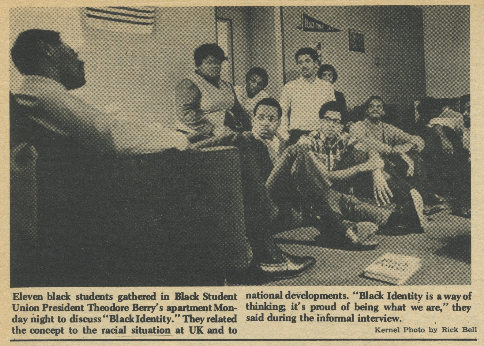 Pulled from Kernel archives, this photo shows Theodore Berry and other Black Student Union members meeting in his apartment in March of 1968.