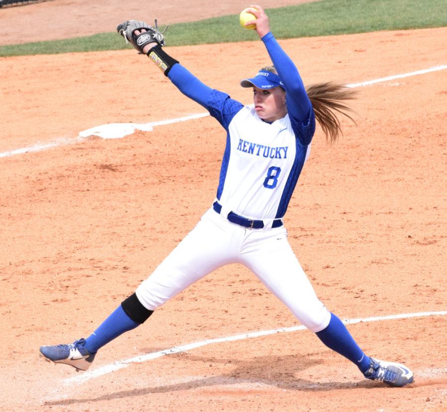 Pitcher Erin Rethlake pitches the ball during the game against No. 1 LSU on Sunday, March 29, 2015 in Lexington, Kentucky.