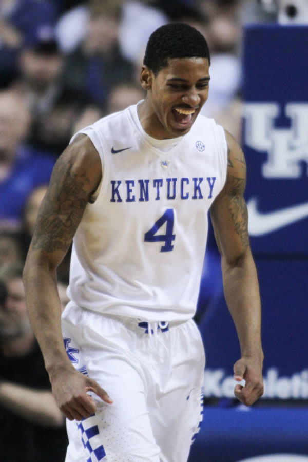 Guard Charles Matthews of the Kentucky Wildcats celebrates after scoring during the game against the Georgia Bulldogs on Tuesday, February 9, 2016 in Lexington, Ky. Kentucky defeated Georgia 82-48.