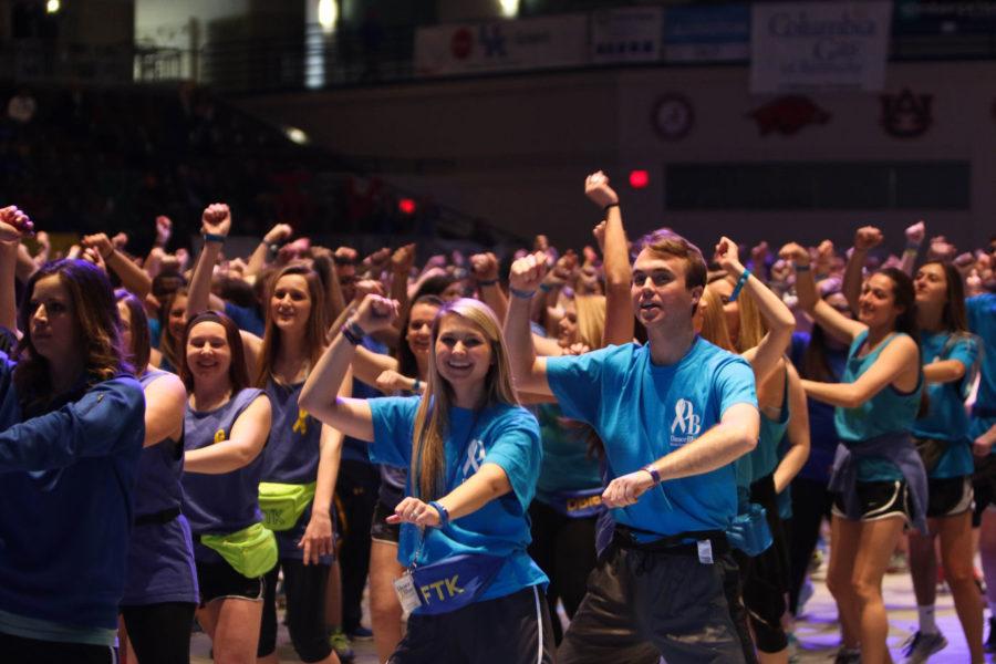 Students perform the line dance during Dance Blue 2016 on Saturday, February 27, 2016 in Lexington, Ky. Photo by Hunter Mitchell | Staff