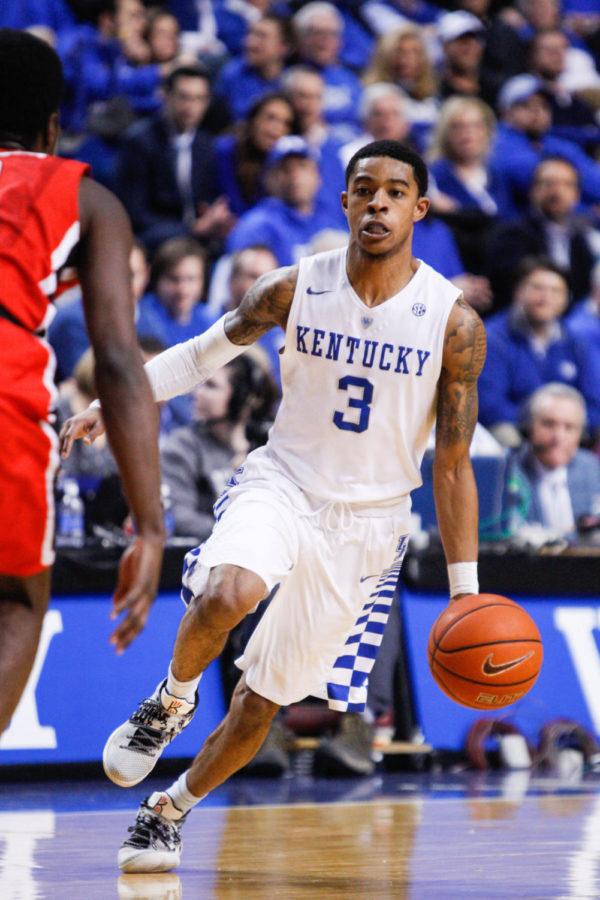 Guard Tyler Ulis of the Kentucky Wildcats dribbles the ball down the court during the game against the Georgia Bulldogs on Tuesday. UK defeated Georgia 82-48.
