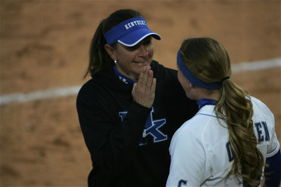 Head coach Rachel Lawson talks to senior outfeilder Alice OBrien at the UK vs. WKU game at the softball complex in Lexington on March 19, 2013. Photo by Michael Reaves | Staff