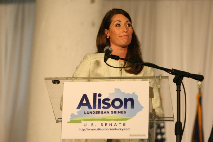 Alison Lundergan Grimes speaks to the audience at her Election Night Event at the Carrick House in Lexington on Nov. 4, 2014. Photo by Tessa Lighty | Staff