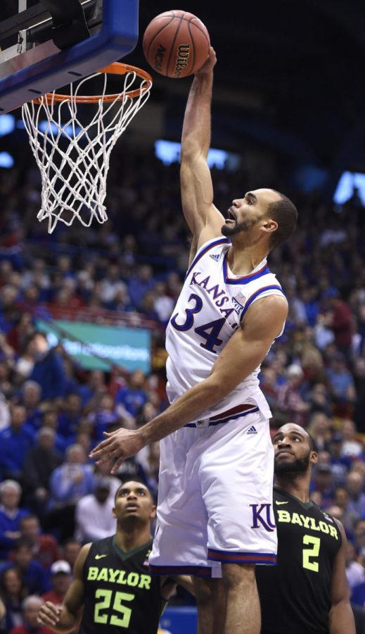 Kansas+Perry+Ellis+throws+down+a+dunk+against+Baylors+Al+Freeman+%2825%29+and+Rico+Gathers+%282%29+during+the+second+half+at+Allen+Fieldhouse+in+Lawrence%2C+Kan.%2C+on+Saturday%2C+Jan.+2%2C+2016.+KU+won%2C+102-74.+%28Rich+Sugg%2FKansas+City+Star%2FTNS%29