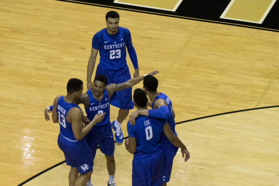 Tyley Ulis calls the team into a huddle after a foul during the first half of the game against Vanderbilt on Saturday, February 27, 2016 in Nashville, TN. Photo by Cameron Sadler | Staff 