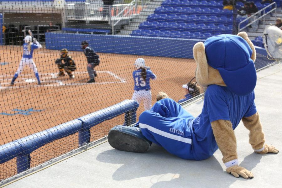 Scratch watching freshman infielder Christian Stokes at bat during the softball game vs. Iowa at the UK Softball Complex on March 20, 2013. Photo by Kalyn Bradford | Staff