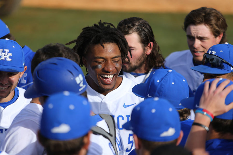 Third+basemen+Javon+Shelby+laughs+with+his+teammates+after+the+game+against+the+Buffalo+Bulls+at+Cliff+Hagan+Stadium+in+Lexington%2C+Ky.+on+Sunday%2C+March+6%2C+2016.+Photo+by+Michael+Reaves+%7C+Staff.