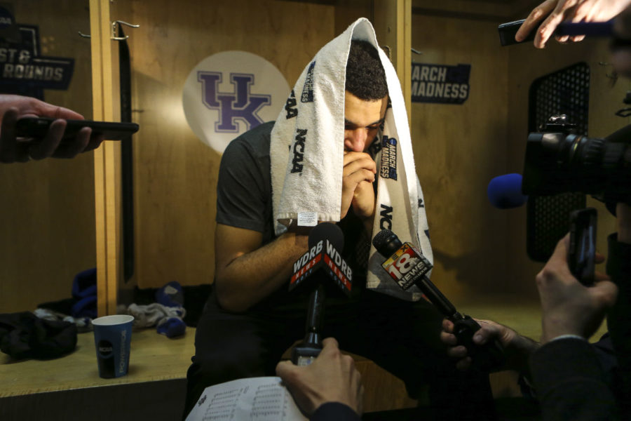 Jamal Murray holds back tears in the locker room after the NCAA Tournament second round game against the Indiana Hoosiers at Wells Fargo Arena on Saturday, March 19, 2016 in Des Moines, Iowa. Photo by Taylor Pence | Staff.