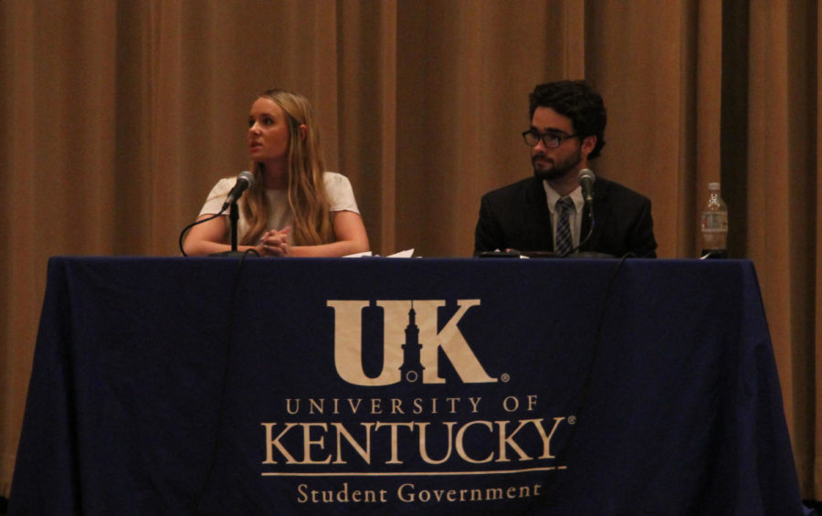 Rowan Reid (left) and Ben Childress (right) speak during a SGA Town Hall at Memorial Hall on Tuesday, March 1, 2016 in Lexington, Ky. Photo by Joel Repoley | Staff.