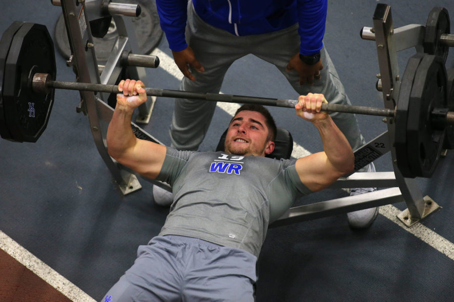 Former Kentucky Joey Herrick competes in bench press during UK Pro Day at Nutter Field House in Lexington, Ky. on Friday, March 4, 2016. Photo by Michael Reaves | Staff.