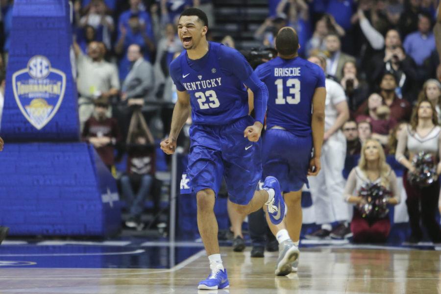 Guard Jamal Murray of the Kentucky Wildcats celebrates at the buzzer during the game against the Texas A&M Aggies at the SEC Tournament Championship at Bridgestone Arena in Nashville, TN, on Sunday, March 13, 2016. Kentucky defeated Texas A&M 81-77. Photo by Michael Reaves | Staff.