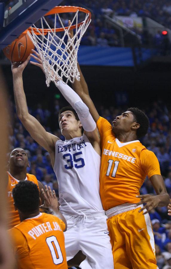 Forward Derek Willis of the Kentucky Wildcats puts up a layup during the game against the Tennessee Volunteers at Rupp Arena in Lexington, Ky. on Thursday, February 18, 2016. Photo by Michael Reaves | Staff.