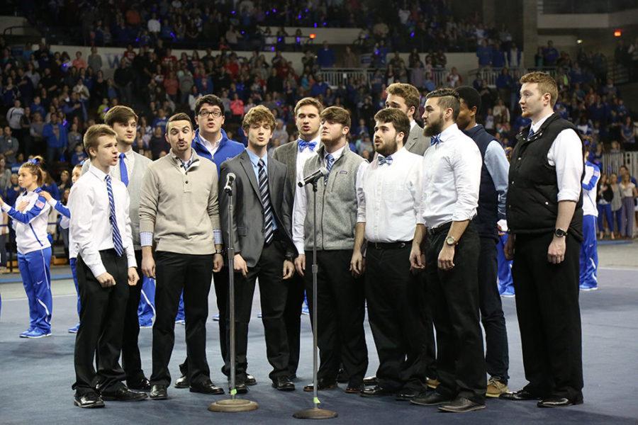 The Acoustikats sing the National Anthem at Memorial Coliseum on Friday, January 8, 2016 in Lexington, Ky. Photo by Lydia Emeric | Staff 
