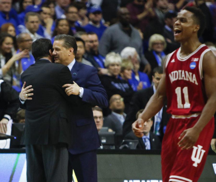 Head coach John Calipari shakes hands with Indiana head coach Tom Crean after the NCAA Tournament second round game against the Indiana Hoosiers at Wells Fargo Arena on Saturday, March 19, 2016 in Des Moines, Iowa. Photo by Taylor Pence | Staff.