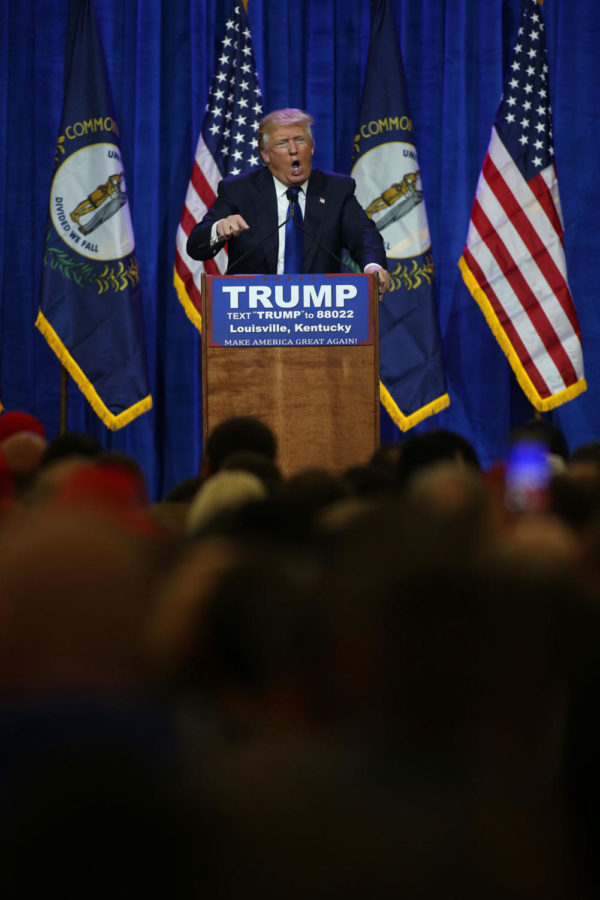Republican presidential candidate Donald Trump speaks during a rally at the Kentucky International Convention Center in Louisville, Ky. on Tuesday, March 1, 2016. Photo by Michael Reaves | Staff.