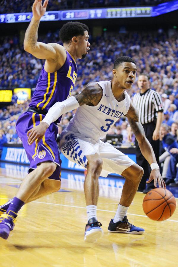 Guard Tyler UIis of the Kentucky Wildcats drives in the lane during the game against the LSU Tigers at Rupp Arena in Lexington, Ky. on Saturday, March 5, 2016. UK defeated LSU 94-77 to finish the season 23-8. Photo by Michael Reaves | Staff.