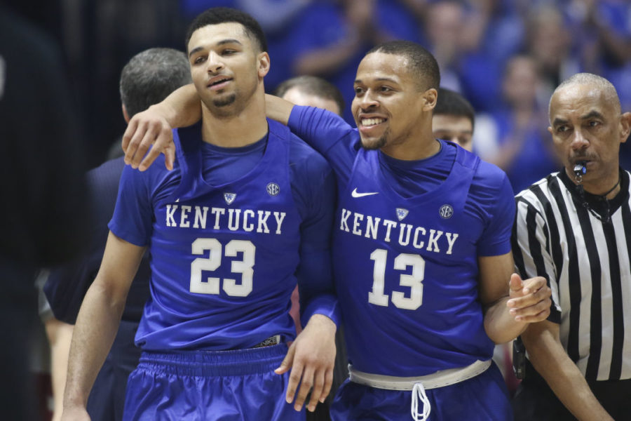 Guard Jamal Murray and Guard Isaiah Briscoe laugh going into a timeout during the game against the Texas A&M Aggies at the SEC Tournament Championship at Bridgestone Arena in Nashville, TN, on Sunday, March 13, 2016. Kentucky defeated Texas A&M 81-77. Photo by Michael Reaves | Staff.