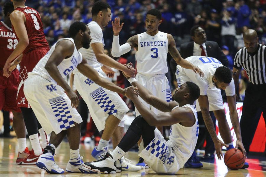 The Kentucky Wildcats during the game against the Alabama Tide at the SEC Tournament at Bridgestone Arena in Nashville, TN, on Friday, March 11, 2016. Photo by Michael Reaves | Staff.