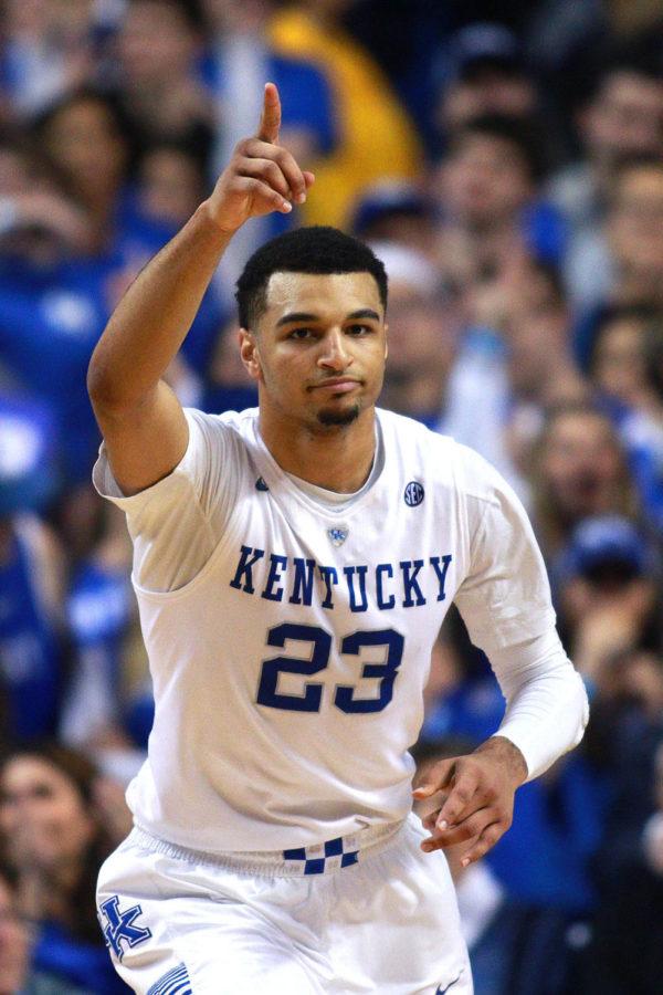 Guard Jamal Murray of the Kentucky Wildcats celebrates after a three pointer during the game against the LSU Tigers at Rupp Arena in Lexington, Ky. on Saturday, March 5, 2016. UK defeated LSU 94-77 to finish the season 23-8. Photo by Michael Reaves | Staff.