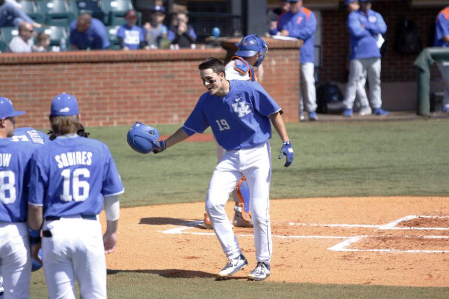 Sophomore, Evan White celebrating a homerun during the game against the Florida Gators at Cliff Hagan Stadium in Lexington, Ky. on Saturday,March 26, 2016. Photo by Josh Mott | Staff.