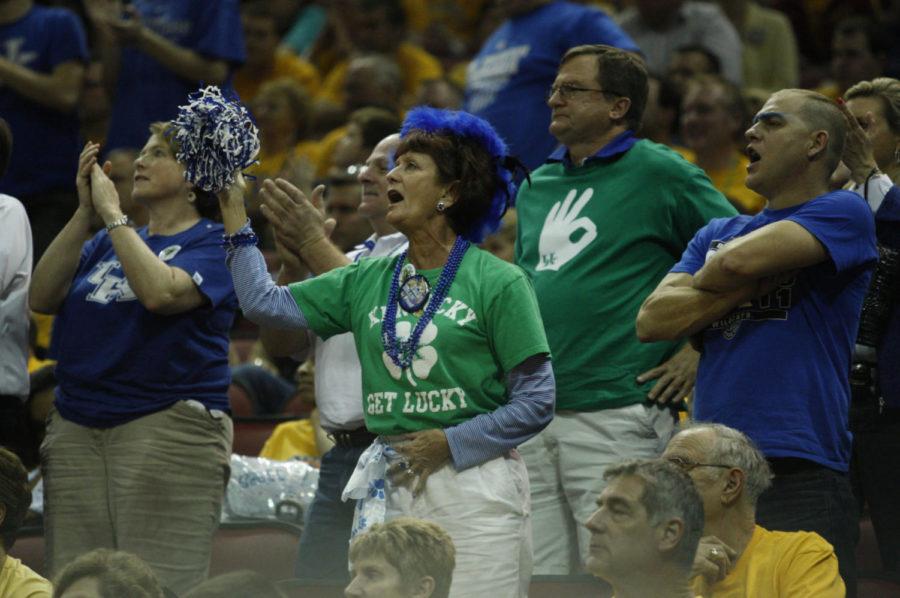 UK fans celebrate St. Patricks Day at the game against Iowa State University, in the third round of the NCAA Tournament, in the KFC Yum! Center, on March 17, 2012, in Louisville. Photo by Latara Appleby | Staff