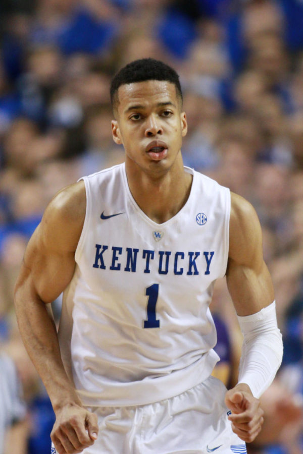 Forward Skal Labissiere of the Kentucky Wildcats after he shot a jumper during the game against the LSU Tigers at Rupp Arena in Lexington, Ky. on Saturday, March 5, 2016. UK defeated LSU 94-77 to finish the season 23-8. Photo by Michael Reaves | Staff.