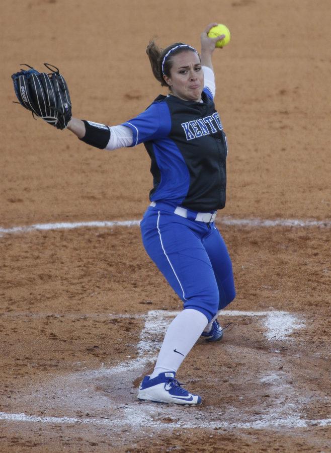 Junior Meagan Prince pitches the ball during the Wildcats game against the Eastern Kentucky Colonels John Cropp Stadium on Wednesday, April 13, 2016 in Lexington, Kentucky. Photo by Taylor Pence