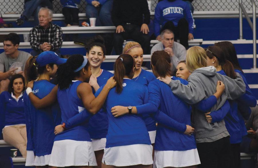 The UK Tennis team gathers at the Hillary J Boone Tennis Center in Lexington, Ky., on Saturday, January 31, 2015. Photo by John Paul Williams