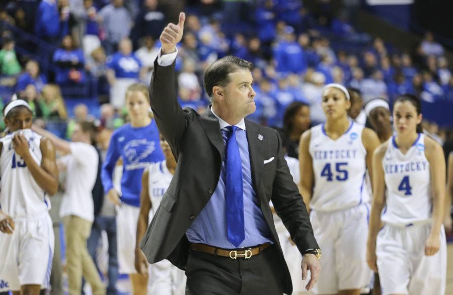 Head coach Matthew Mitchell of the Kentucky Wildcats gives a thumbs up to fans after the NCAA womens basketball tournament Sweet 16 game against the Washington Huskies at Rupp Arena in Lexington, KY on Friday, March 25, 2016. Photo by Michael Reaves | Staff.