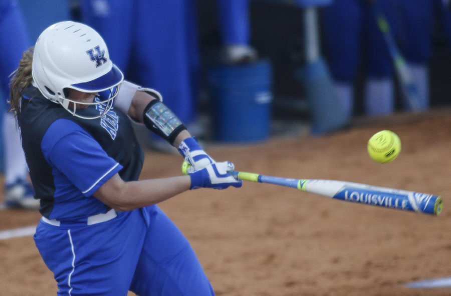 Kentucky freshman Abbey Cheek hits the ball during the Wildcats game against the Eastern Kentucky Colonels John Cropp Stadium on Wednesday, April 13, 2016 in Lexington, Kentucky. Photo by Taylor Pence