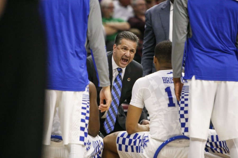 Head coach John Calipari yells at Isaiah Briscoe during the Wildcats game against the Stony Brook Seawolves during the first round of the NCCA tournament at Wells Fargo Arena on March 16, 2016 in Des Moines, Iowa. Photo by Taylor Pence