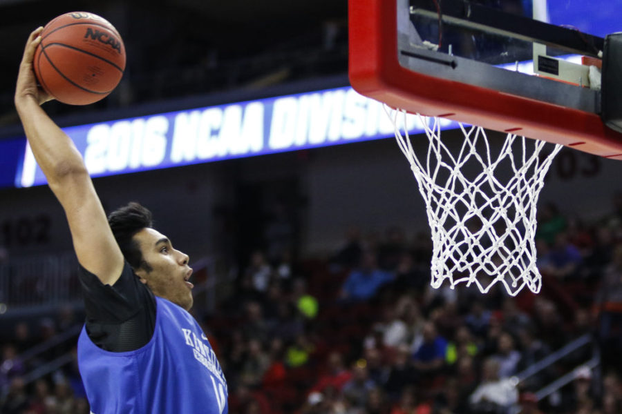 Kentucky forward Tai Wynyard dunks the ball during open practice prior to the first round of the NCCA tournament at Wells Fargo Arena on March 16, 2016 in Des Moines, Iowa. Photo by Taylor Pence