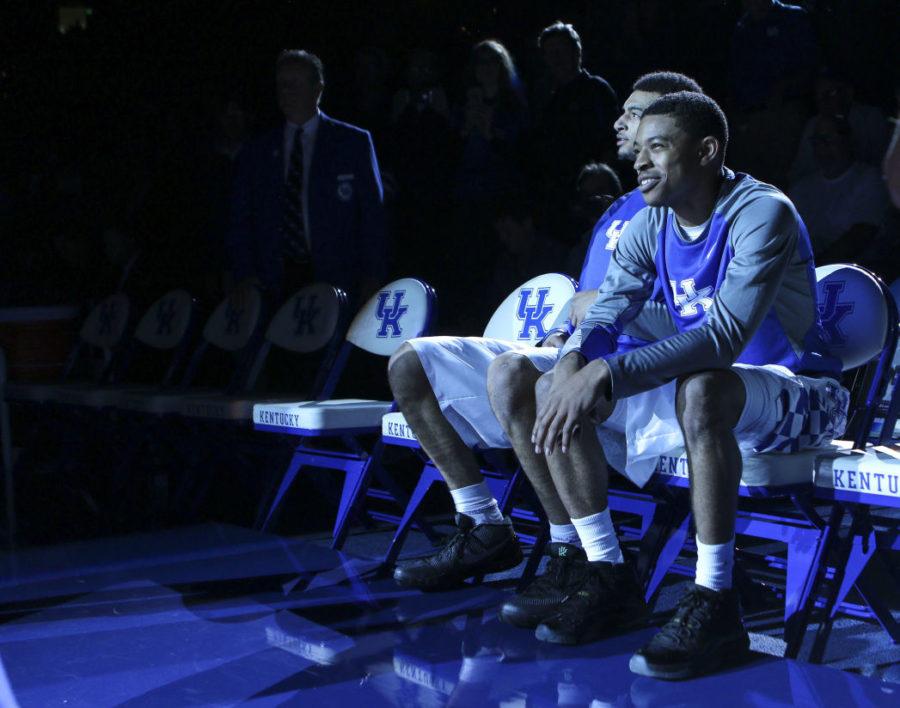 Tyler Ulis and Jamal Murray of the Kentucky Wildcats wait to be introduced before the exhibition game against the Kentucky State Thorobreds at Rupp Arena on November 6, 2015 in Lexington, Kentucky. Kentucky defeated Kentucky State 111-58. Photo by Taylor Pence