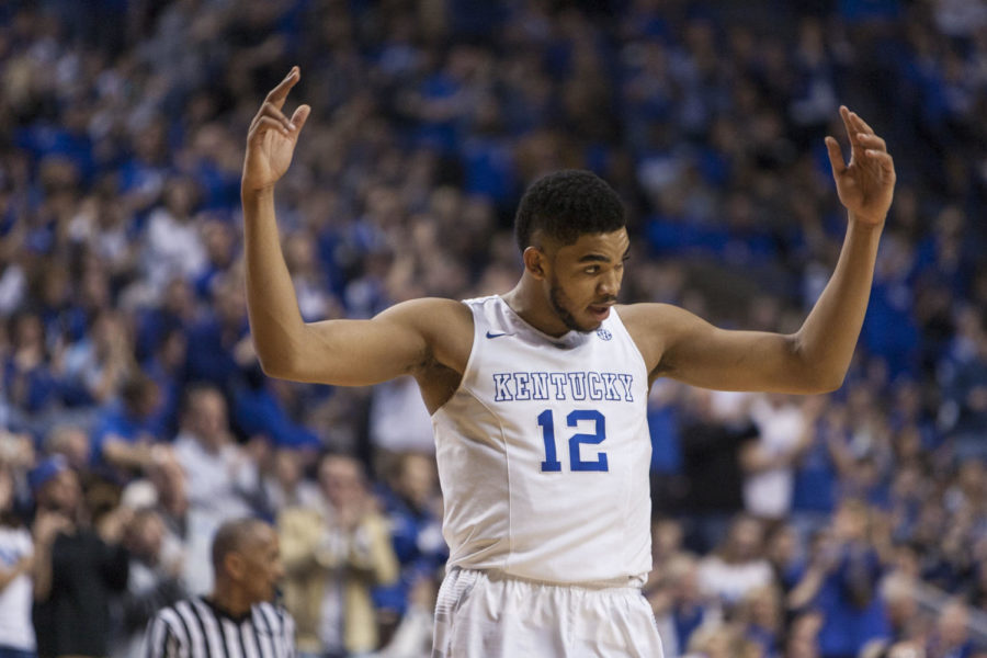 Center+Karl-Anthony+Towns+of+the+Kentucky+Wildcats+tries+to+pump-up+the+crowd+during+the+game+against+the+Florida+Gators+at+Rupp+Arena+on+Saturday%2C+March+7%2C+2015+in+Lexington%2C+Ky.+Kentucky+leads+Florida+30-27+at+the+half.+Photo+by+Michael+Reaves