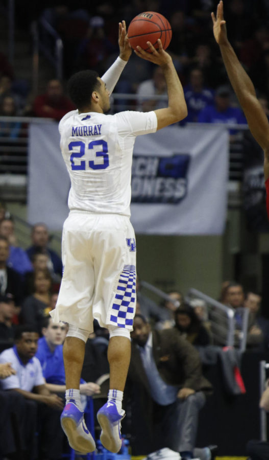 Guard Jamal Murray shoots a jump shot during the NCAA Tournament second round game against the Indiana Hoosiers at Wells Fargo Arena on Saturday, March 19, 2016 in Des Moines, Iowa. Photo by Taylor Pence | Staff.